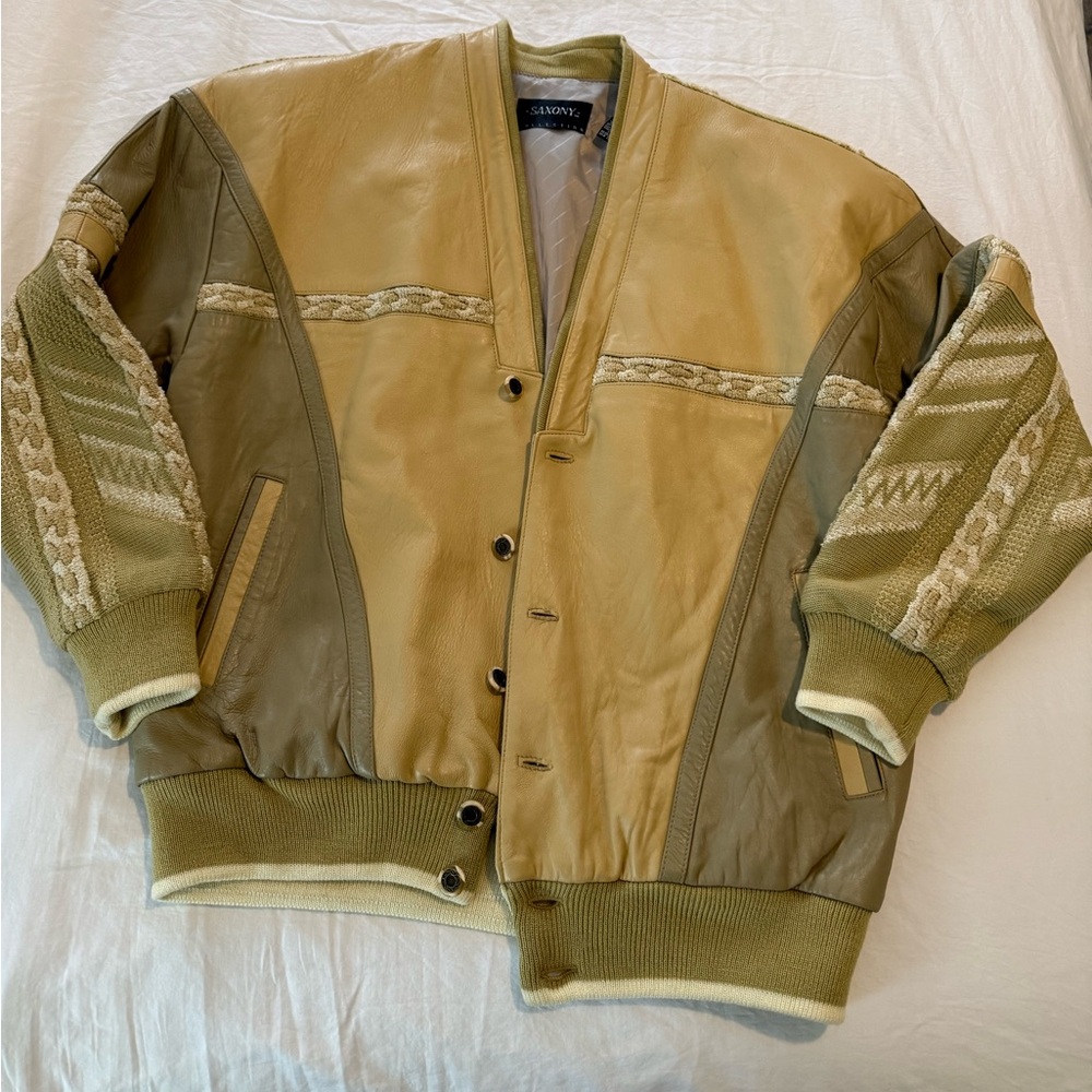 Saxony Vintage Tan Leather Knit Men's Bomber Jacket EUC 0081